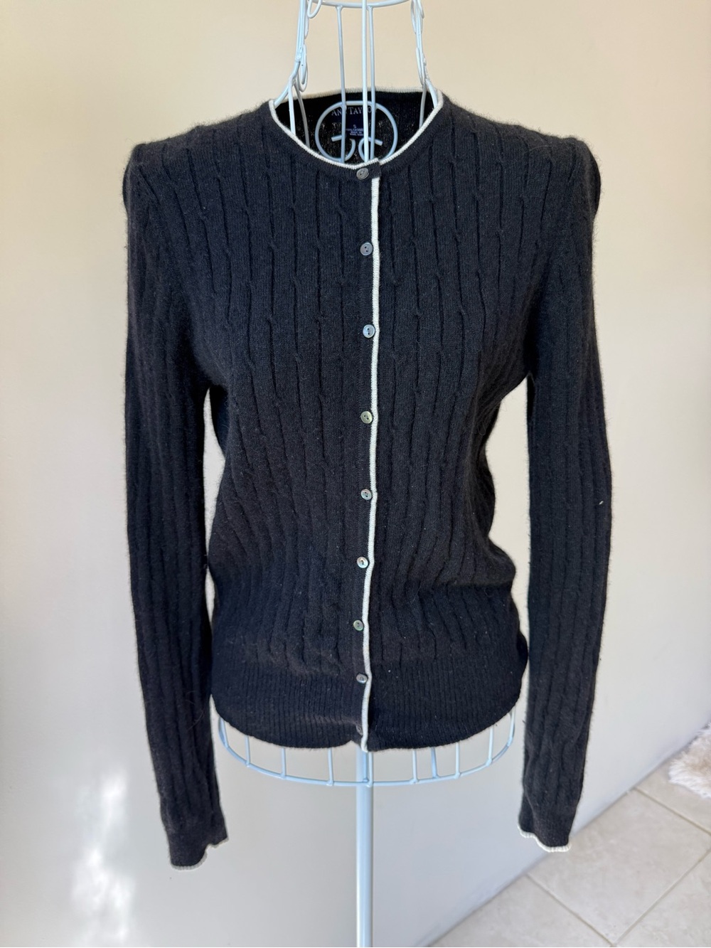 Ann Taylor 100% Cashmere Cable Knit Cardigan Black Ivory Trim Size S